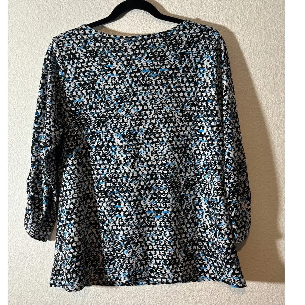 Ann Taylor Women's Size L Blue Black Abstract Cowl Neck 3/4 Sleeves Blouse Top